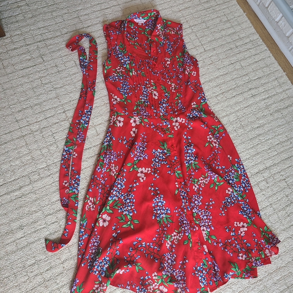 Floral Red Dress Small. Summer Midi Dress.